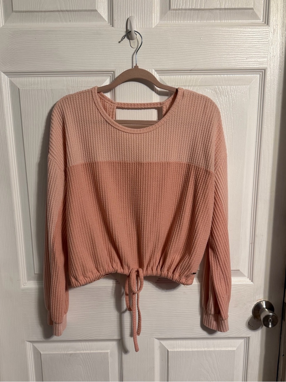 Cropped Balletcore Waffle Knit Pullover with Tie Waist & Keyhole Back Colorblock
